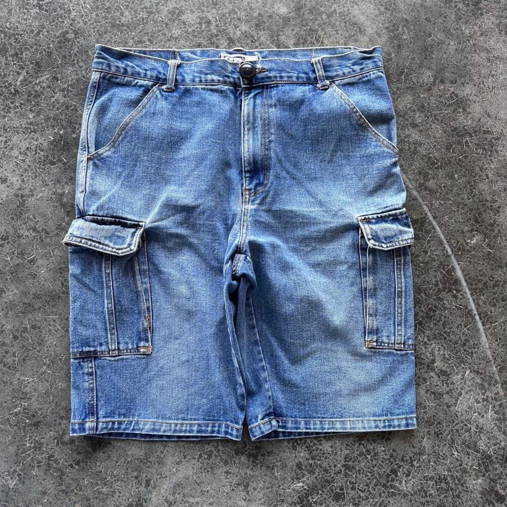 Y2K 2000s Faded Blue Washed Denim HB Company Cargo Jorts shorts 36''